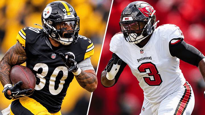 Pittsburgh Steelers RB Jaylen Warren (L) and Tampa Bay Buccaneers edge rusher Rueben Bain Jr. (R) Pittsburgh Steelers RB Jaylen Warren (L) and Tampa Bay Buccaneers edge rusher Rueben Bain Jr. (R)