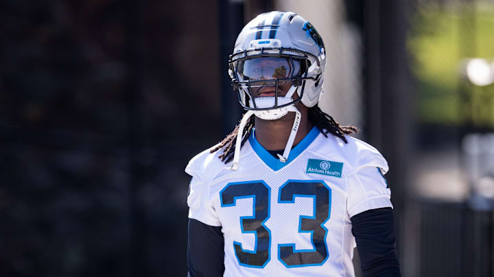 Jul 24, 2025; Charlotte, NC, USA; Carolina Panthers linebacker Princely Umanmielen (33) walks up to training camp. 