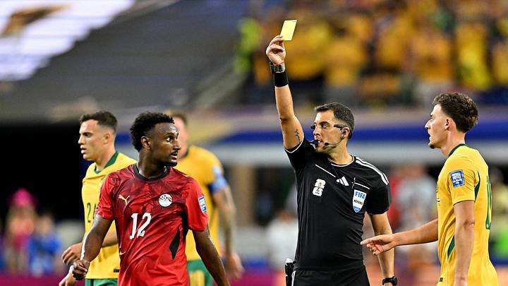 July 3, 2026; Arlington, Texas, U.S.; Egypt's Haissem Hassan is shown a yellow card by referee Gustavo Tejera. July 3, 2026; Arlington, Texas, U.S.; Egypt's Haissem Hassan is shown a yellow card by referee Gustavo Tejera.