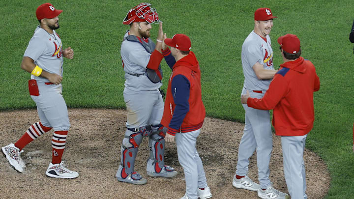 May 9, 2025; Washington, District of Columbia, USA; St. Louis Cardinals pitcher Erick Fedde (12) celebrates with teammates after throwing a complete game shutout against the Washington Nationals at Nationals Park. Mandatory Credit: Geoff Burke-Imagn Images May 9, 2025; Washington, District of Columbia, USA; St. Louis Cardinals pitcher Erick Fedde (12) celebrates with teammates after throwing a complete game shutout against the Washington Nationals at Nationals Park. Mandatory Credit: Geoff Burke-Imagn Images