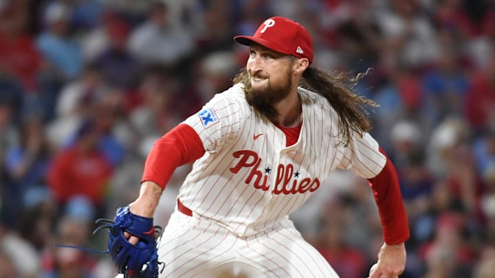 Apr 29, 2025; Philadelphia, Pennsylvania, USA; Philadelphia Phillies pitcher Matt Strahm (25) throws a pitch against the Washington Nationals at Citizens Bank Park. 