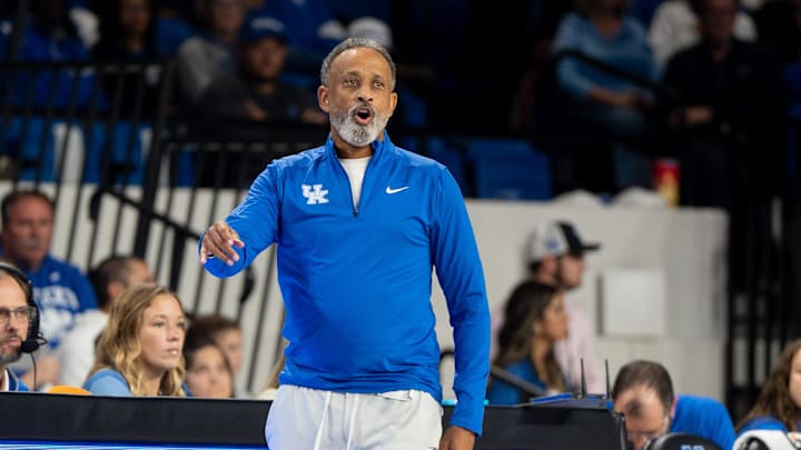 Kentucky Wildcats head coach Kenny Brooks shouts to his players during their game against the Louisville Cardinals on Saturday, Nov. 16, 2024 at Memorial Coliseum in Lexington, Ky.