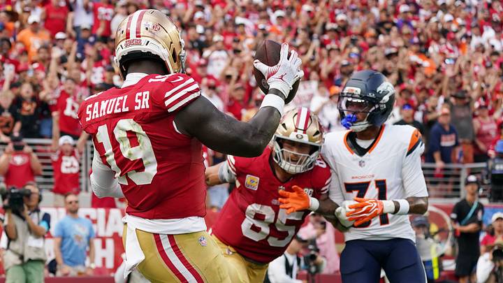 Oct 4, 2026; Santa Clara, California, USA; San Francisco 49ers wide receiver Deebo Samuel Sr. (19) scores a touchdown during the third quarter against the Denver Broncos at Levi's Stadium. Mandatory Credit: David Gonzales-Imagn Images Oct 4, 2026; Santa Clara, California, USA; San Francisco 49ers wide receiver Deebo Samuel Sr. (19) scores a touchdown during the third quarter against the Denver Broncos at Levi's Stadium. Mandatory Credit: David Gonzales-Imagn Images