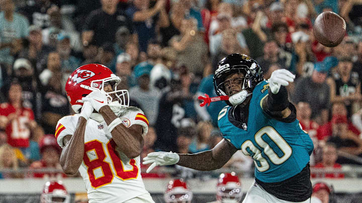 Jacksonville Jaguars' Montaric Brown (30) breaks up a pass intended for Kansas City Chiefs wide receiver Tyquan Thornton (80) in the fourth quarter during a Monday Night NFL football game at EverBank Stadium, Monday, Oct. 6, 2025, in Jacksonville, Fla.