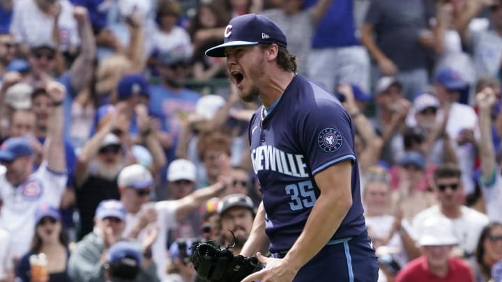 Jul 5, 2024; Chicago, Illinois, USA; Chicago Cubs pitcher Justin Steele celebrates his complete game win. Jul 5, 2024; Chicago, Illinois, USA; Chicago Cubs pitcher Justin Steele celebrates his complete game win.
