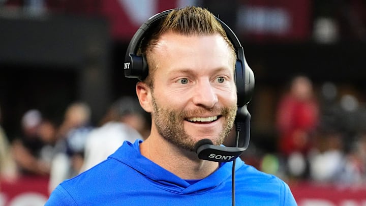Los Angeles Rams head coach Sean McVay smiles after a touchdown by wide receiver Puka Nacua (12) against the Arizona Cardinals in the second half at State Farm Stadium on Dec 7, 2025, in Glendale, Ariz. Los Angeles Rams head coach Sean McVay smiles after a touchdown by wide receiver Puka Nacua (12) against the Arizona Cardinals in the second half at State Farm Stadium on Dec 7, 2025, in Glendale, Ariz.
