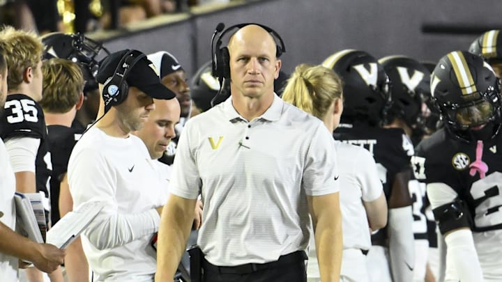 Sep 20, 2025; Nashville, Tennessee, USA;  Vanderbilt Commodores head coach Clark Lea paces the sidelines   against the Georgia State Panthers during the first half at FirstBank Stadium. Mandatory Credit: Steve Roberts-Imagn Images