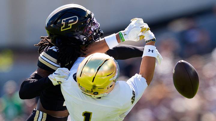 Purdue defensive back John Slaughter interrupts a pass intended for Notre Dame wide receiver Jaden Greathouse.