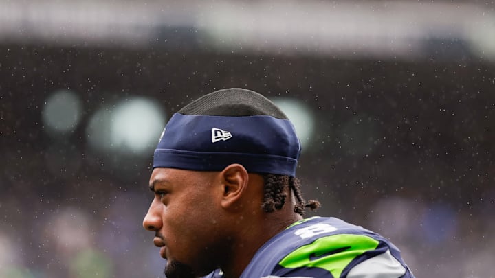 Sep 21, 2025; Seattle, Washington, USA; Seattle Seahawks safety Coby Bryant (8) warms up before the game against the New Orleans Saints at Lumen Field. Sep 21, 2025; Seattle, Washington, USA; Seattle Seahawks safety Coby Bryant (8) warms up before the game against the New Orleans Saints at Lumen Field.