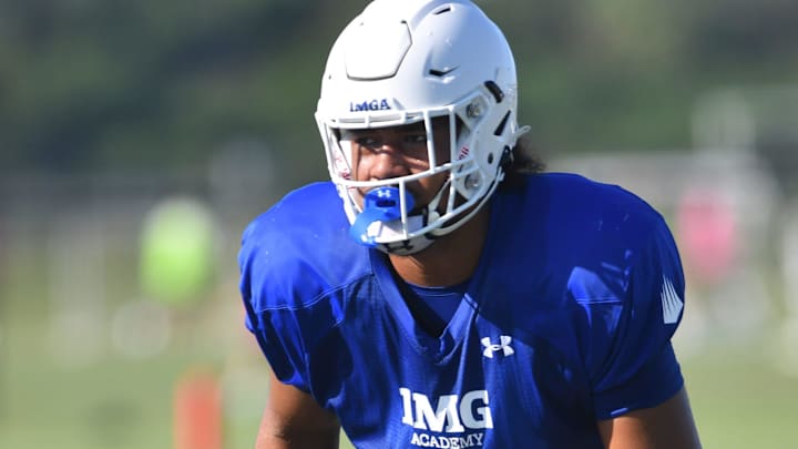 Offensive lineman Pepe Keenyi (#71) during practice on Friday, Aug. 2, 2024 on IMG Academy Football Media Day in Bradenton, Florida. Offensive lineman Pepe Keenyi (#71) during practice on Friday, Aug. 2, 2024 on IMG Academy Football Media Day in Bradenton, Florida.
