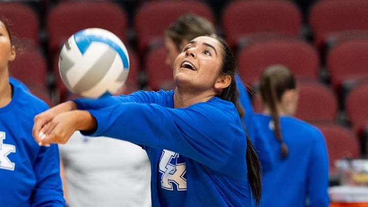 University of Kentucky women’s volleyball warms up ahead of their game against Nebraska on Tuesday, Aug. 27, 2024 at the KFC YUM! Center in Louisville, Ky.