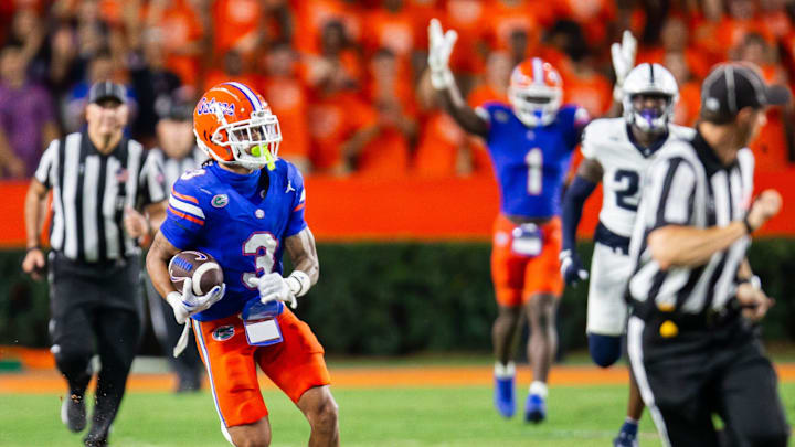 Florida Gators wide receiver Eugene Wilson III (3) runs for a touchdown during the second half to make it 38-7 after the extra point at Ben Hill Griffin Stadium in Gainesville, FL on Saturday, September 7, 2024 against the Samford Bulldogs. The Florida Gators won 45-7 over the Bulldogs. [Doug Engle/Gainesville Sun]