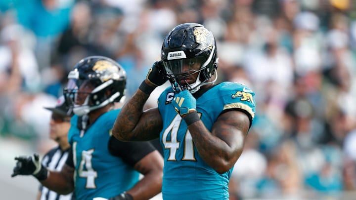 Dec 15, 2024; Jacksonville, Florida, USA; Jacksonville Jaguars defensive end Josh Hines-Allen (41) prepares for the snap against the New York Jets during the third quarter at EverBank Stadium. Mandatory Credit: Morgan Tencza-Imagn Images Dec 15, 2024; Jacksonville, Florida, USA; Jacksonville Jaguars defensive end Josh Hines-Allen (41) prepares for the snap against the New York Jets during the third quarter at EverBank Stadium. Mandatory Credit: Morgan Tencza-Imagn Images