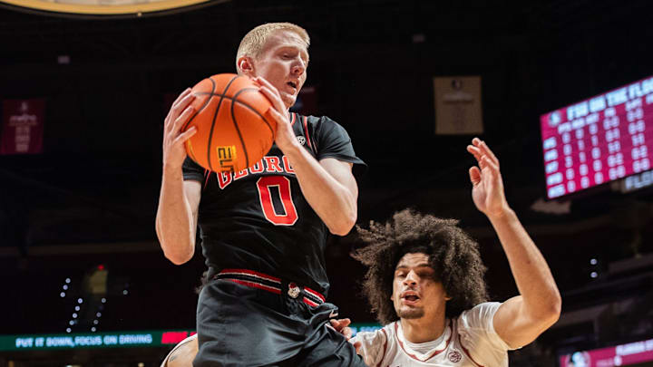 Georgia Bulldogs guard Blue Cain (0) grabs the rebound. The Florida State Seminoles hosted the Georgia Bulldogs at the Tucker Civic Center for a men’s basketball game Tuesday, Dec. 2, 2025.