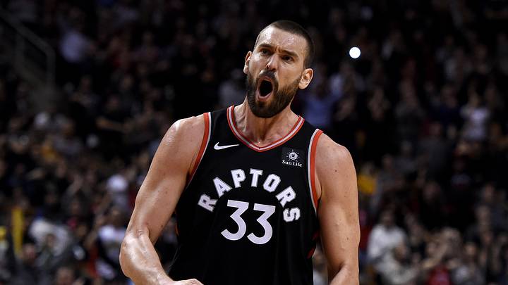 Feb 11, 2019; Toronto, Ontario, CAN; Toronto Raptors center Marc Gasol (33) reacts after making a basket against Brooklyn Nets in the second half at Scotiabank Arena. Mandatory Credit: Dan Hamilton-USA TODAY Sports Feb 11, 2019; Toronto, Ontario, CAN; Toronto Raptors center Marc Gasol (33) reacts after making a basket against Brooklyn Nets in the second half at Scotiabank Arena. Mandatory Credit: Dan Hamilton-USA TODAY Sports