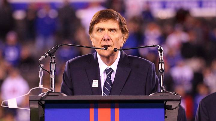 Nov 14, 2016; East Rutherford, NJ, USA; Former New York Giants GM Ernie Accorsi speaks at his induction ceremony into the Giants Ring of Honor during the first half at MetLife Stadium.  