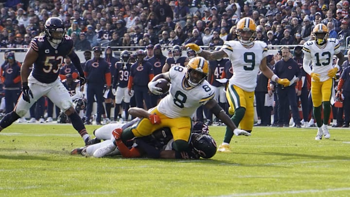 Josh Jacobs stretches out for exta yardage on a run against the Bears in Green Bay's 20-19 win at Soldier Field in November.