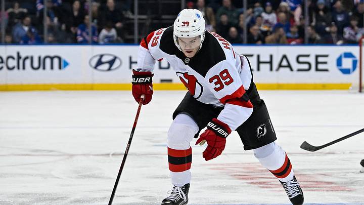 Dec 2, 2024; New York, New York, USA; New Jersey Devils left wing Mike Hardman (39) skates with the puck against the New York Rangers during the third period at Madison Square Garden. Mandatory Credit: Dennis Schneidler-Imagn Images Dec 2, 2024; New York, New York, USA; New Jersey Devils left wing Mike Hardman (39) skates with the puck against the New York Rangers during the third period at Madison Square Garden. Mandatory Credit: Dennis Schneidler-Imagn Images
