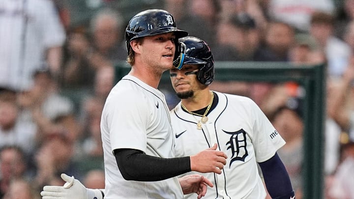 Detroit Tigers catcher Dillon Dingler (13) celebrates scoring a run against Boston Red Sox with center fielder Javier Báez (28) during the sixth inning at Comerica Park in Detroit on Wednesday, May 14, 2025.