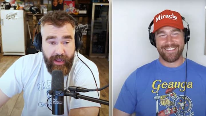 Jason and Travis Kelce on the 'New Heights' podcast. Jason and Travis Kelce on the 'New Heights' podcast.