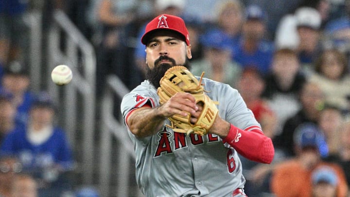 Aug 22, 2024; Toronto, Ontario, CAN; Los Angeles Angels third baseman Anthony Rendon (6) throws to first base to force out Toronto Blue Jays second baseman Will Wagner (not shown) in the sixth inning at Rogers Centre. Mandatory Credit: Dan Hamilton-Imagn Images Aug 22, 2024; Toronto, Ontario, CAN; Los Angeles Angels third baseman Anthony Rendon (6) throws to first base to force out Toronto Blue Jays second baseman Will Wagner (not shown) in the sixth inning at Rogers Centre. Mandatory Credit: Dan Hamilton-Imagn Images