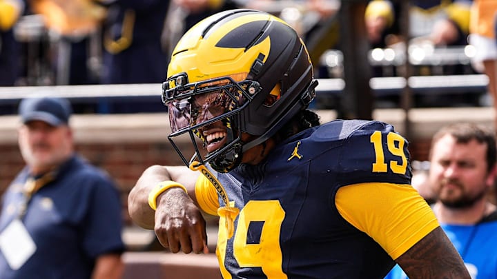 Michigan quarterback Bryce Underwood (19) celebrates a touchdown against Central Michigan during the second half at Michigan Stadium in Ann Arbor on Saturday, Sept. 13, 2025.