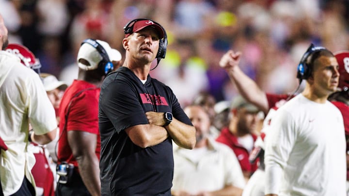 Nov 9, 2024; Baton Rouge, Louisiana, USA;  Alabama Crimson Tide head coach Kalen DeBoer looks on against the LSU Tigers during the second half at Tiger Stadium. Mandatory Credit: Stephen Lew-Imagn Images