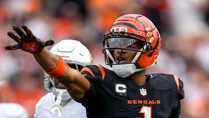 Cincinnati Bengals wide receiver Ja'Marr Chase (1) celebrates a first down in the first quarter of the NFL Week 17 game between the Cincinnati Bengals and the Arizona Cardinals at Paycor Stadium in Downtown Cincinnati on Sunday, Dec. 28, 2025. The Bengals led 23-7 at halftime.