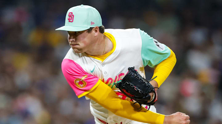 San Diego Padres relief pitcher Mason Miller (22) throws a pitch during the eighth inning against the Los Angeles Dodgers at Petco Park on Aug. 22.