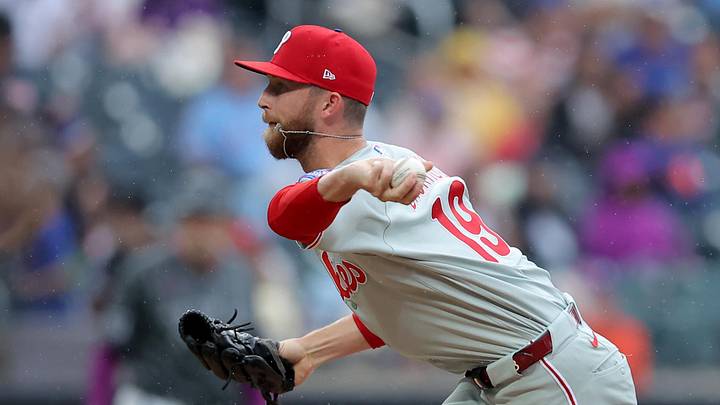 Jun 27, 2026; New York City, New York, USA; Philadelphia Phillies relief pitcher Kyle Backhus (19) pitches against the New York Mets during the seventh inning at Citi Field. Mandatory Credit: Brad Penner-Imagn Images