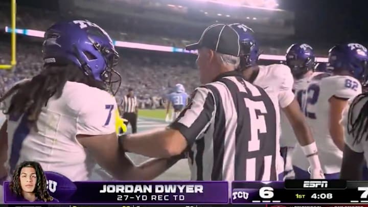 Jordan Dwyer’s touchdown celebration was broken up early by an overzealous referee. 