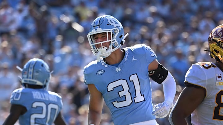 Sep 16, 2023; Chapel Hill, North Carolina, USA; North Carolina Tar Heels defensive back Will Hardy (31) reacts in the second quarter at Kenan Memorial Stadium. Mandatory Credit: Bob Donnan-Imagn Images Sep 16, 2023; Chapel Hill, North Carolina, USA; North Carolina Tar Heels defensive back Will Hardy (31) reacts in the second quarter at Kenan Memorial Stadium. Mandatory Credit: Bob Donnan-Imagn Images