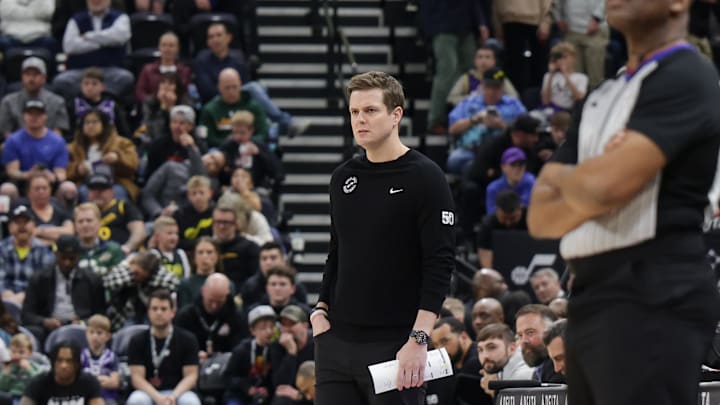 Feb 15, 2024; Salt Lake City, Utah, USA; Utah Jazz head coach Will Hardy watches from the sidelines