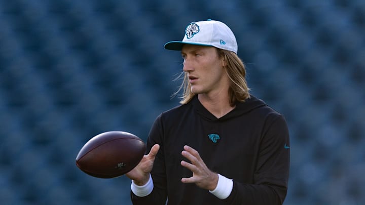 Nov 3, 2024; Philadelphia, Pennsylvania, USA; Jacksonville Jaguars quarterback Trevor Lawrence (16) before action against the Philadelphia Eagles at Lincoln Financial Field. Mandatory Credit: Bill Streicher-Imagn Images Nov 3, 2024; Philadelphia, Pennsylvania, USA; Jacksonville Jaguars quarterback Trevor Lawrence (16) before action against the Philadelphia Eagles at Lincoln Financial Field. Mandatory Credit: Bill Streicher-Imagn Images