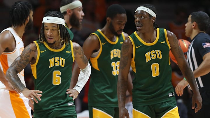 Jan 2, 2024; Knoxville, Tennessee, USA; Norfolk State Spartans guard Jamarii Thomas (6) and guard Christian Ings (0) during the second half against the Tennessee Volunteers at Thompson-Boling Arena at Food City Center. Mandatory Credit: Randy Sartin-Imagn Images