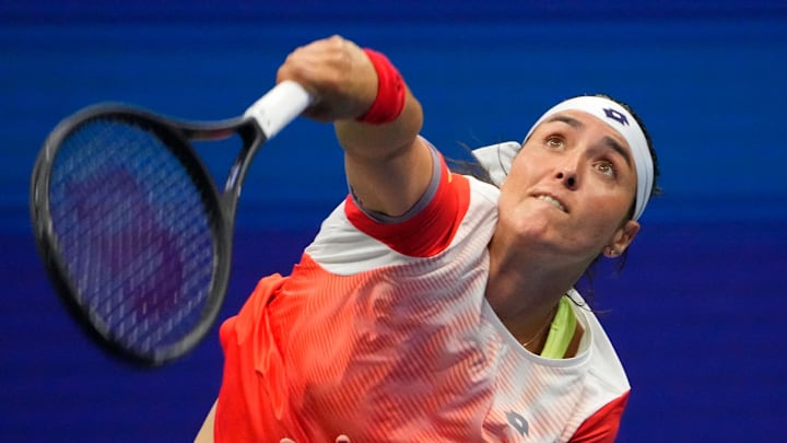 Sept 6, 2022; Flushing, NY, USA;  Ons Jabeur of Tunesia serves to Ajla Tomljanovic of Australia on