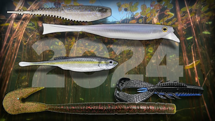 A showcase of the best soft plastic baits for bass fishing in 2024: Jackall DriftFry Mellow, Rapala Freeloader, Berkley Drip Minnow, CPF Thumper Pro, and Rapala Cleanup Craw.