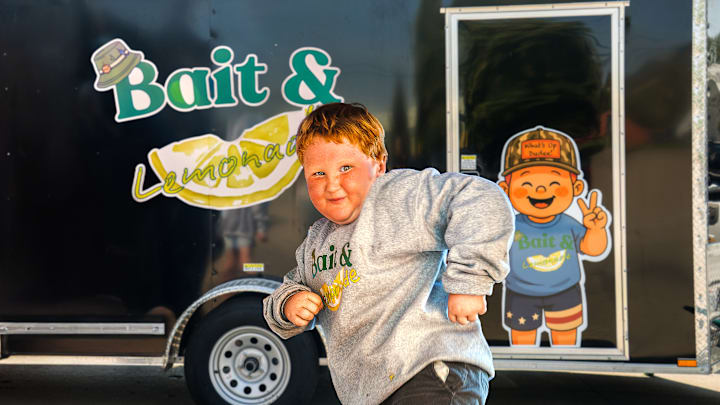 Here's the world's youngest bait shop owner, Easton.