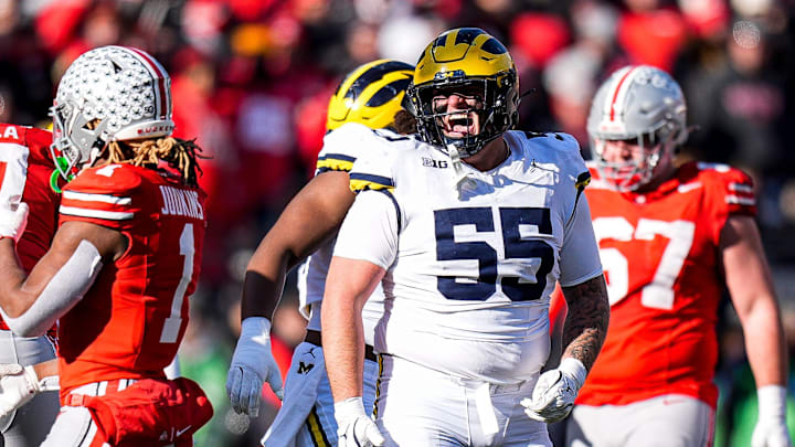 Michigan defensive lineman Mason Graham (55) celebrates a play against Ohio State during the second half at Ohio Stadium in Columbus, Ohio on Saturday, Nov. 30, 2024.