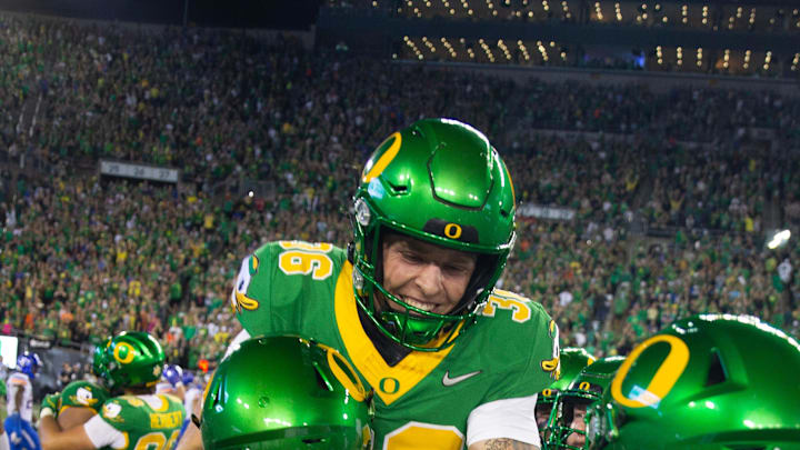 Oregon’s Atticus Sappington celebrates after kicking a game winning field goal against Boise State in the final seconds of the game at Autzen Stadium in Eugene Sept. 7, 2024