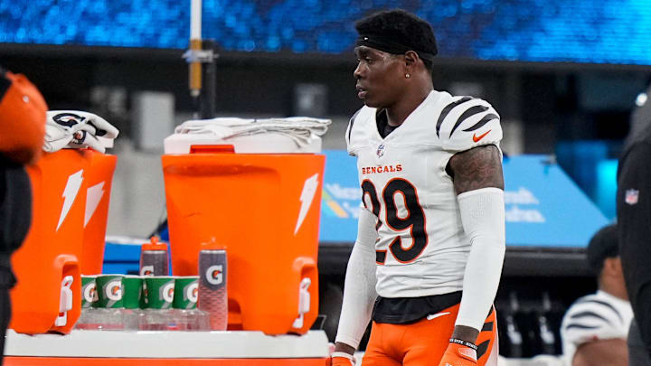 Cincinnati Bengals cornerback Cam Taylor-Britt (29) returns to the bench after Los Angeles Chargers running back J.K. Dobbins (27) runs for the go-ahead touchdown in the fourth quarter of the NFL Week 11 game between the Los Angeles Chargers and the Cincinnati Bengals at SoFi Stadium in Inglewood, Calif., on Sunday, Nov. 17, 2024. The Chargers won 34-27. Cincinnati Bengals cornerback Cam Taylor-Britt (29) returns to the bench after Los Angeles Chargers running back J.K. Dobbins (27) runs for the go-ahead touchdown in the fourth quarter of the NFL Week 11 game between the Los Angeles Chargers and the Cincinnati Bengals at SoFi Stadium in Inglewood, Calif., on Sunday, Nov. 17, 2024. The Chargers won 34-27.