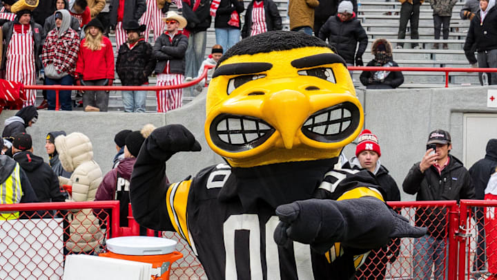 Nov 28, 2025; Lincoln, Nebraska, USA; Herky the Hawk poses during the fourth quarter between the Nebraska Cornhuskers and the Iowa Hawkeyes at Memorial Stadium. Mandatory Credit: Dylan Widger-Imagn Images