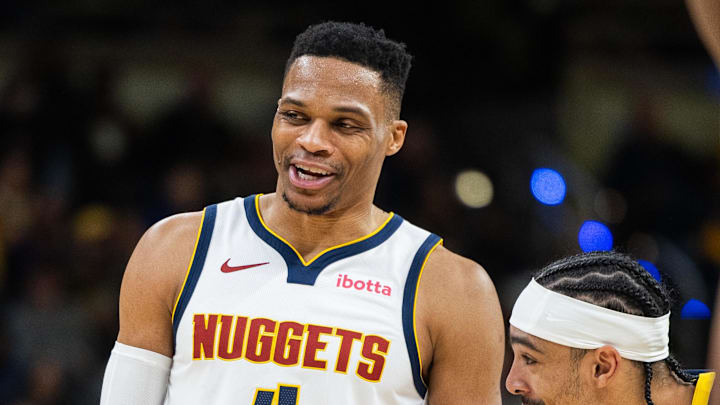 Feb 24, 2025; Indianapolis, Indiana, USA; Denver Nuggets guard Russell Westbrook (4)  in the second half against the Indiana Pacers at Gainbridge Fieldhouse. Mandatory Credit: Trevor Ruszkowski-Imagn Images
