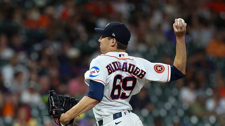 Jul 21, 2026; Houston, Texas, USA; Houston Astros pitcher AJ Blubaugh (69) pitches against the Miami Marlins in the seventh inning at Daikin Park. Mandatory Credit: Thomas Shea-Imagn Images