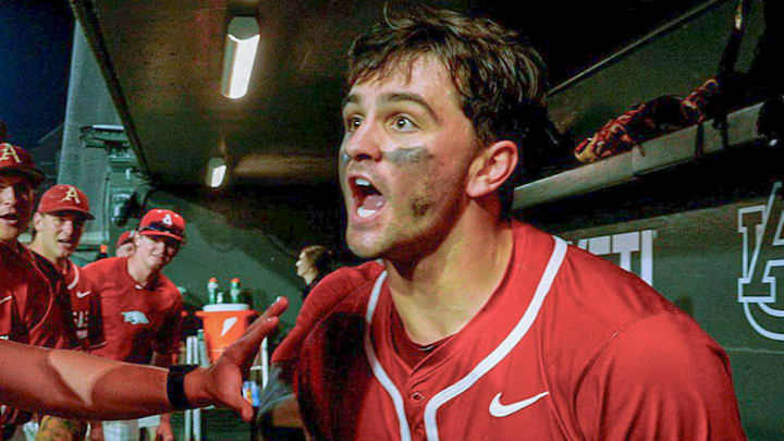 Arkansas Razorbacks catcher Ryder Helfrick after one of two homers against the Auburn Tigers. Arkansas Razorbacks catcher Ryder Helfrick after one of two homers against the Auburn Tigers.
