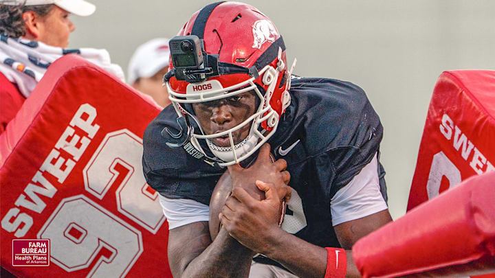 Arkansas Razorbacks quarterback AJ Hill during spring practice drills.