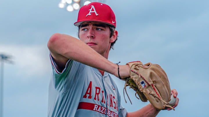 Arkansas Razorbacks pitcher Hunter Dietz before game with Missouri Tigers.