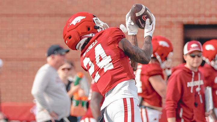 Arkansas Razorbacks defensive back Miguel Mitchell in spring practice.
