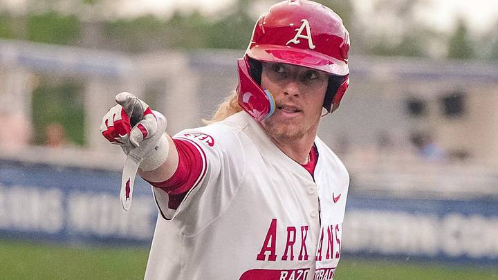 Arkansas Razorbacks Zack Stewart after hitting a homer against the Tennessee Volunteers in the SEC Tournament.