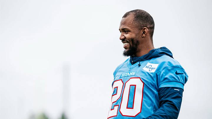 May 6, 2026; Nashville, Tennessee, USA; Running back Tony Pollard [20] smiling at Tennessee Titans OTAs